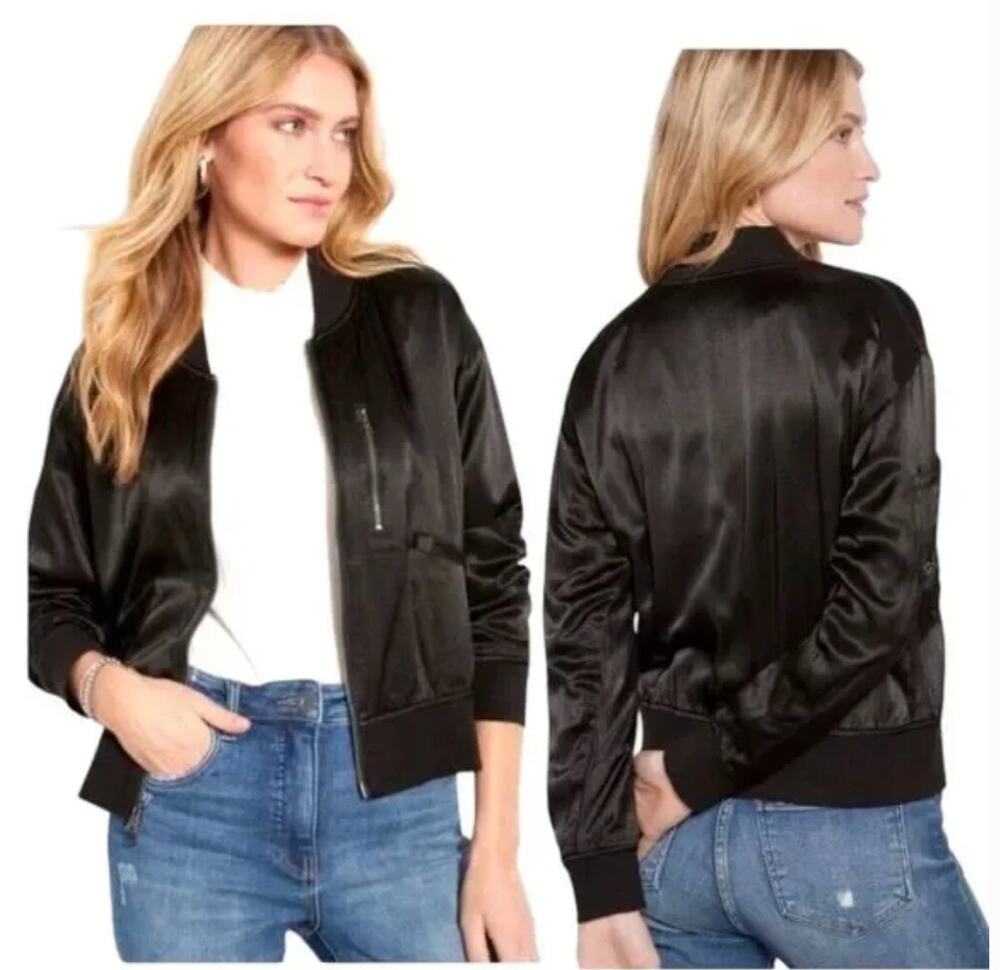 Evereve Gemma Satin Bomber Black Jacket Womens size Small